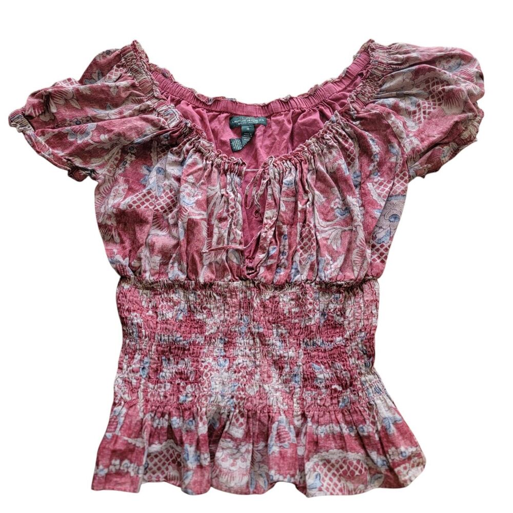 LRL Lauren Jeans Co. Ralph Women's Medium shirt top peasant red Cottage Core